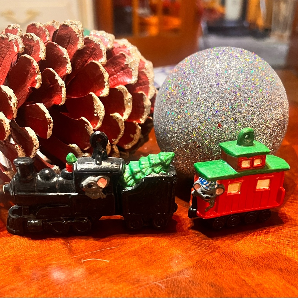 Vintage train ornament, and caboose with mouse